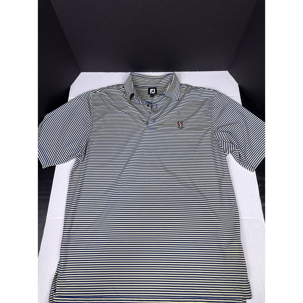 FootJoy FJ Polo Shirt Mens Medium Yellow Blue Striped Golf Performance